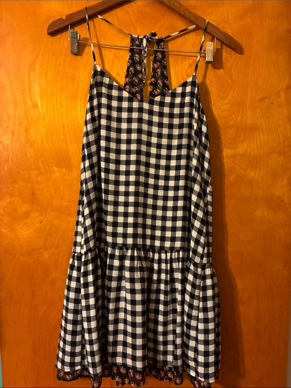 princess vera wang Black and White Gingham Midi Dress with Floral Back Tie